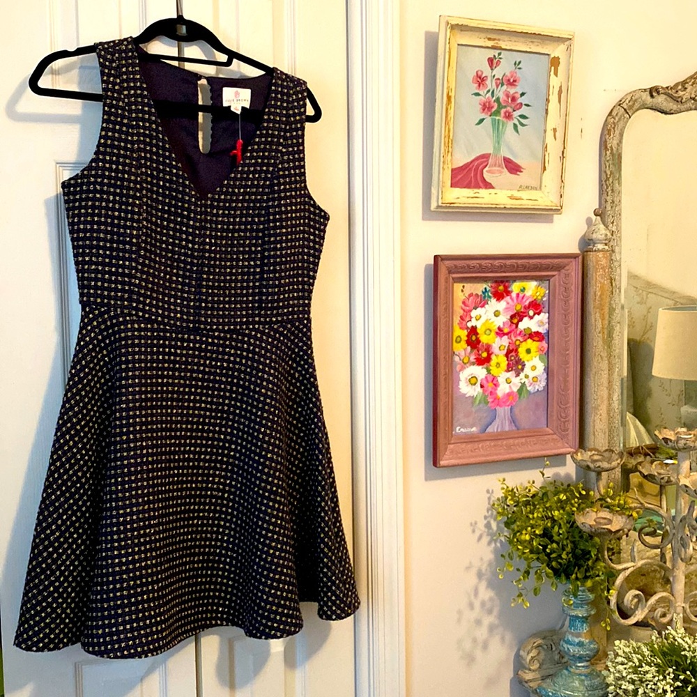 Brand New With Tags Julie Brown Navy and Gold Metallic Dress